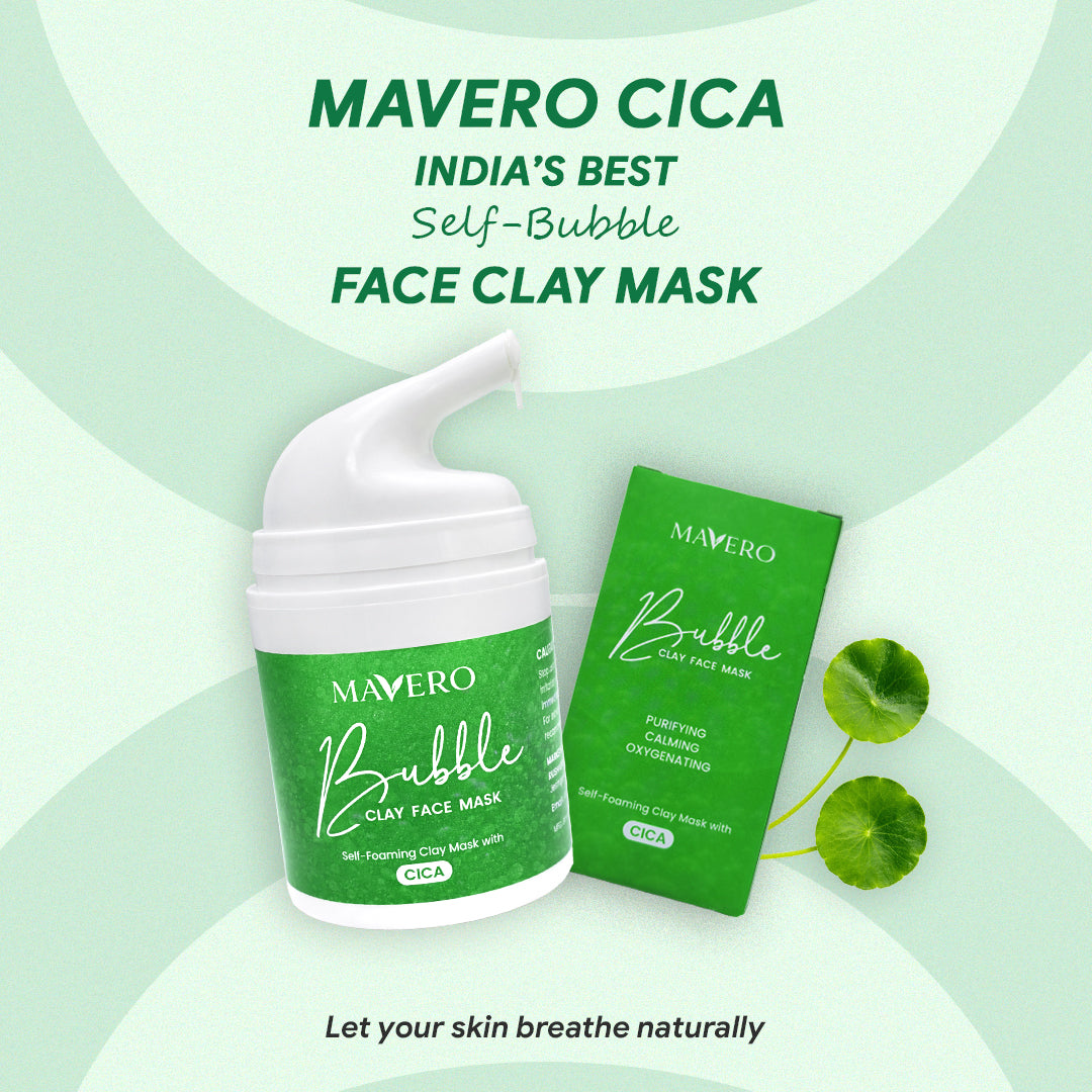 Mavero CICA Bubble Clay Face Mask product page hero banner featuring self-foaming deep pore detox skincare for glowing skin, blackhead removal, acne control, oil control, and healthy radiant skin.