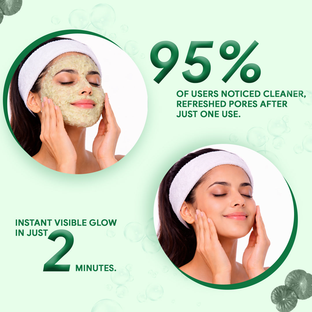 Mavero Bubble Clay Face Mask skincare results banner featuring a woman applying a green clay face mask and glowing clear skin after use. Text highlights “95% of users noticed cleaner, refreshed pores after just one use” and “Instant visible glow in just 2 minutes.” Green aesthetic beauty skincare promotion focused on pore cleansing, deep cleaning, oil control, glowing skin, acne care, and CICA clay mask treatment.