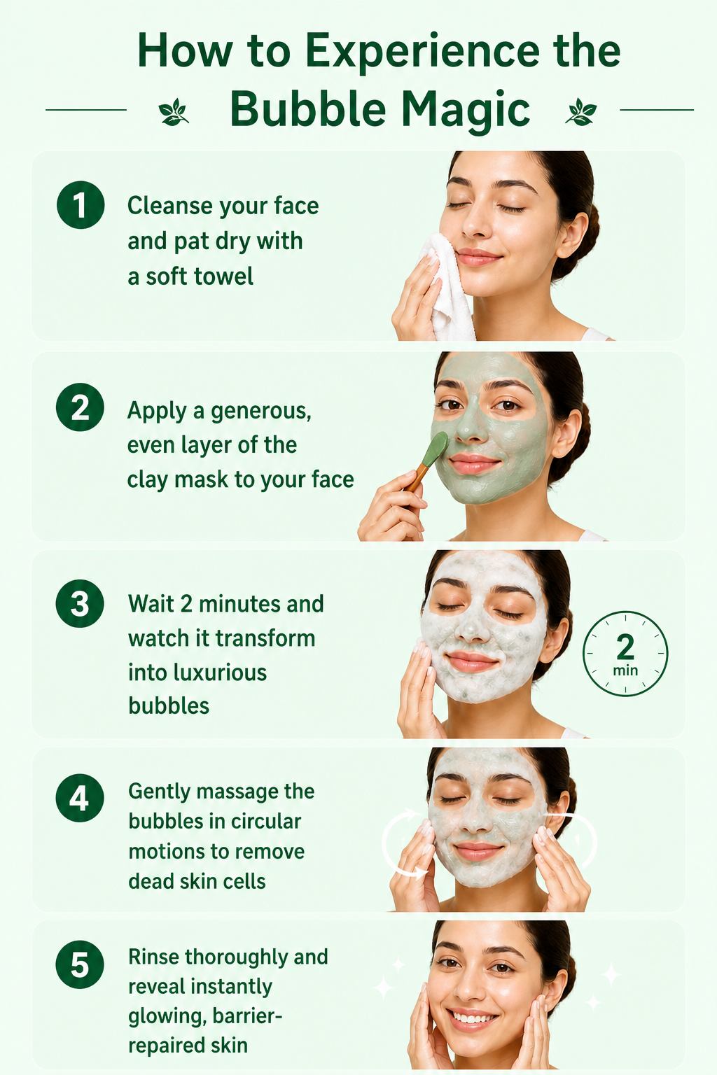 Step by step guide to use Mavero CICA Bubble Clay Face Mask for deep pore cleansing, bubble foam detox, dead skin removal, blackhead reduction, glowing skin, and skin barrier repair.