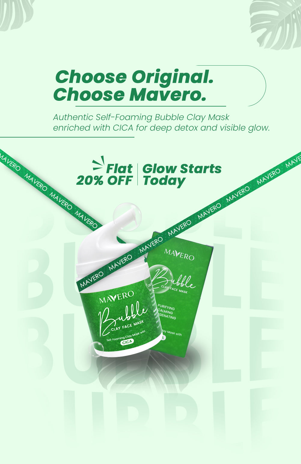 Mavero Original CICA Bubble Clay Face Mask promotional banner featuring self-foaming deep pore detox skincare with visible glow benefits, acne care, oil control, blackhead cleansing, and flat 20% OFF offer for healthy radiant skin.