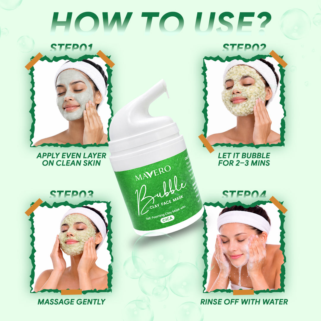 Step by step guide showing how to use Mavero CICA Bubble Clay Face Mask for deep pore cleansing, blackhead removal, acne control, oil reduction, and glowing skin with self-foaming bubble action.