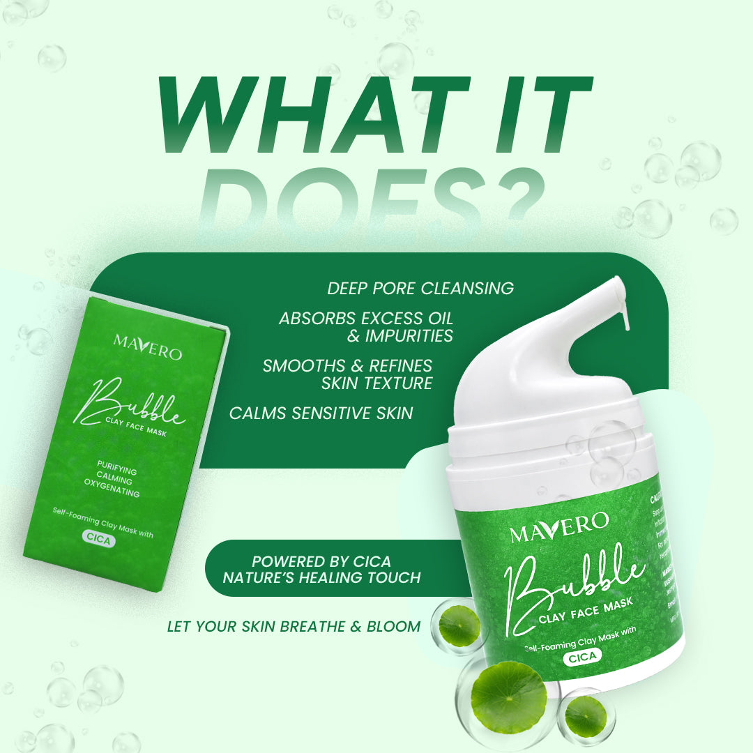 Mavero CICA Bubble Clay Face Mask benefits banner showing deep pore cleansing, excess oil removal, impurity detox, skin texture refining, soothing sensitive skin, and glowing healthy skin with self-foaming CICA skincare.