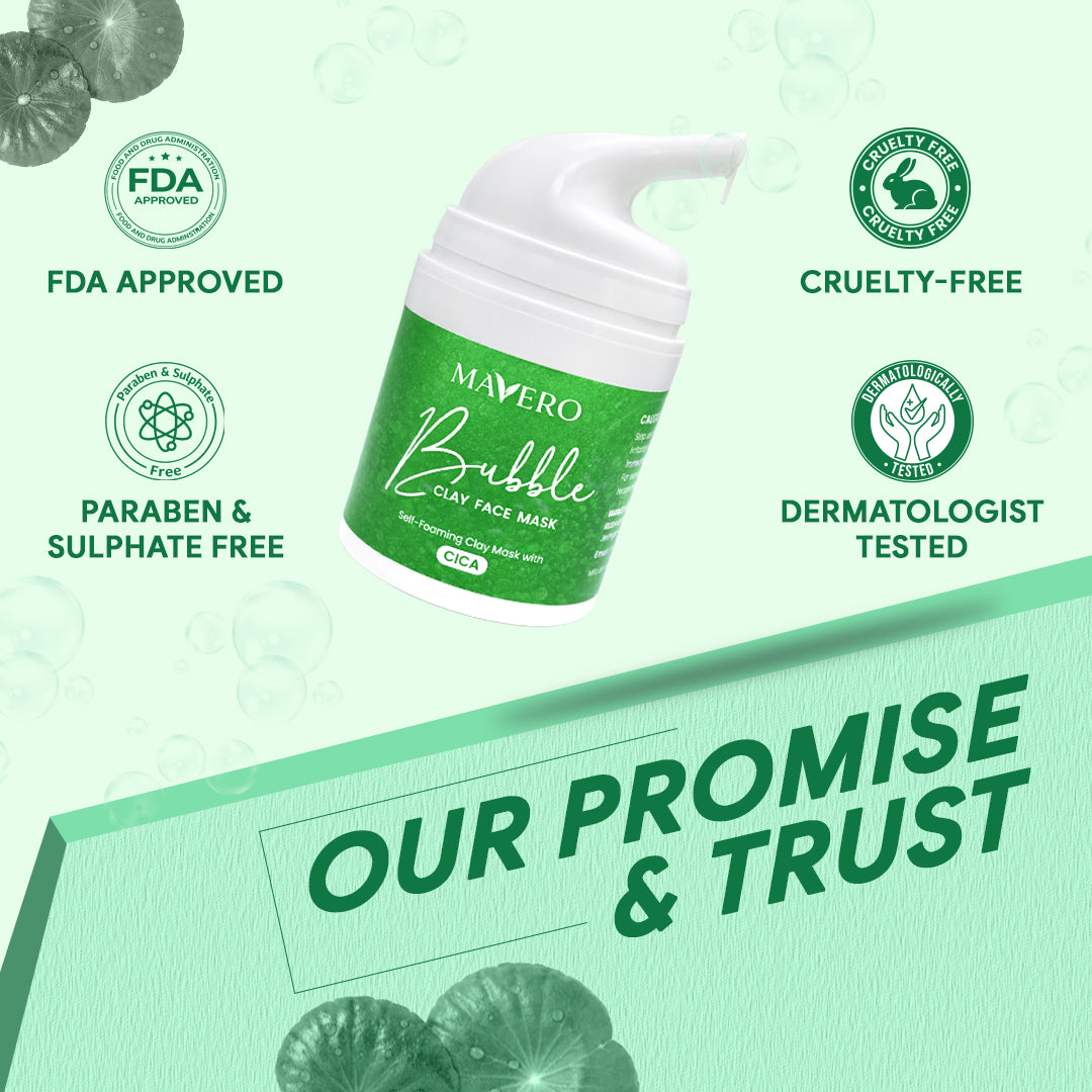 Mavero CICA Bubble Clay Face Mask highlighting FDA approved, cruelty-free, dermatologist tested, paraben-free, and sulphate-free skincare for deep pore cleansing, acne care, and glowing healthy skin.