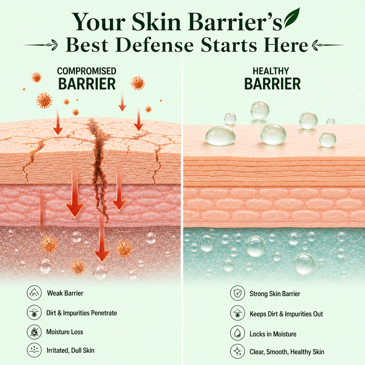 Mavero CICA skincare skin barrier repair comparison showing compromised vs healthy skin barrier with benefits like moisture retention, impurity protection, deep hydration, smooth texture, and healthy glowing skin.