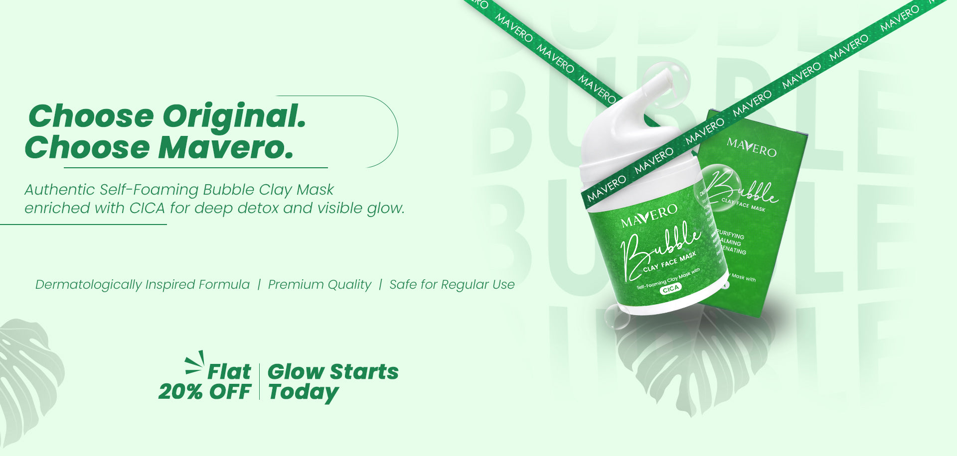 Mavero homepage desktop banner featuring CICA Bubble Clay Face Mask for deep pore detox, glowing skin, acne control, blackhead removal, oil control, and self-foaming skincare with flat 20 percent OFF offer.