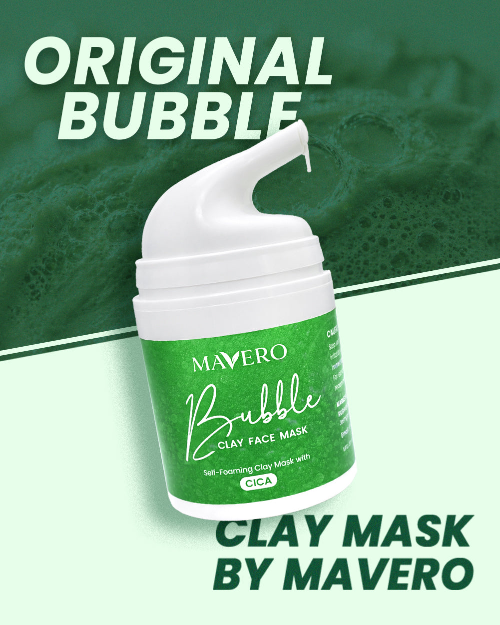 Original Mavero CICA Bubble Clay Face Mask with self-foaming deep cleansing formula for pore detox, blackhead removal, acne control, oil balancing, and glowing healthy skin.